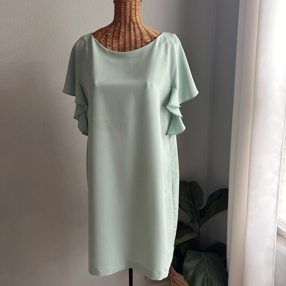 Zara Green Sheath Dress with Flutter Sleeves